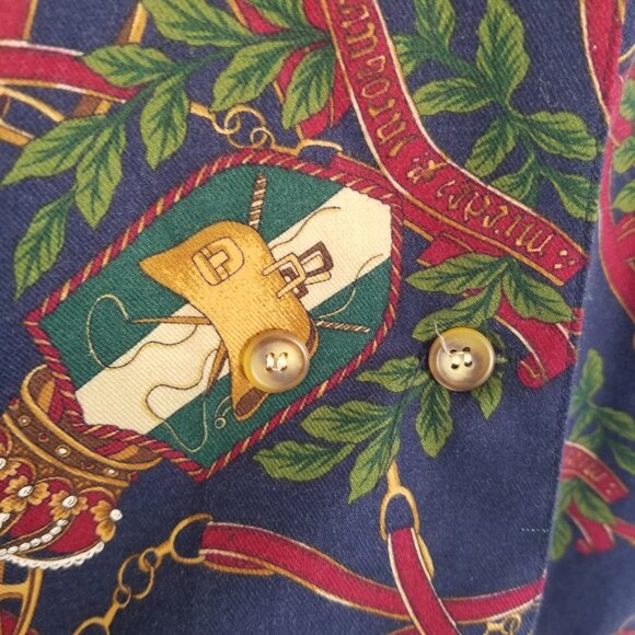 Vintage Equestrian Print Blouse Top Size 12 Long Sleeves Double Buttons - Picture 8 of 13